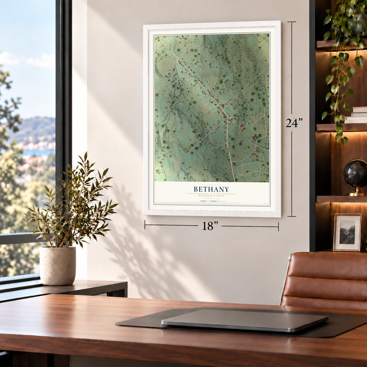 Bethany, Pennsylvania map, 18 x 24 inch print in a white frame in a home office