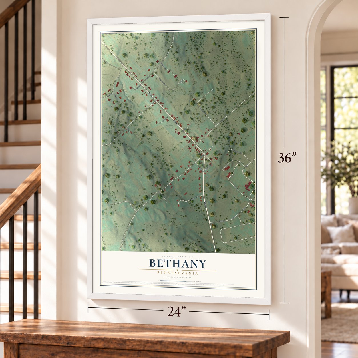 Bethany, Pennsylvania map, 24 x 36 inch print in a white frame by a staircase