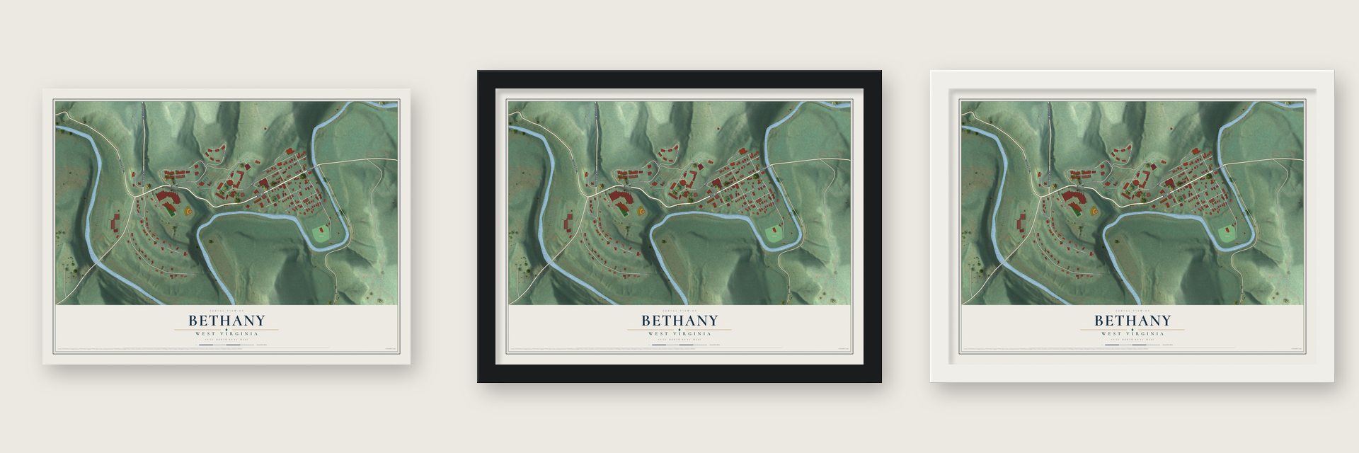 Bethany, West Virginia map unframed, in a black wood frame and in a white wood frame