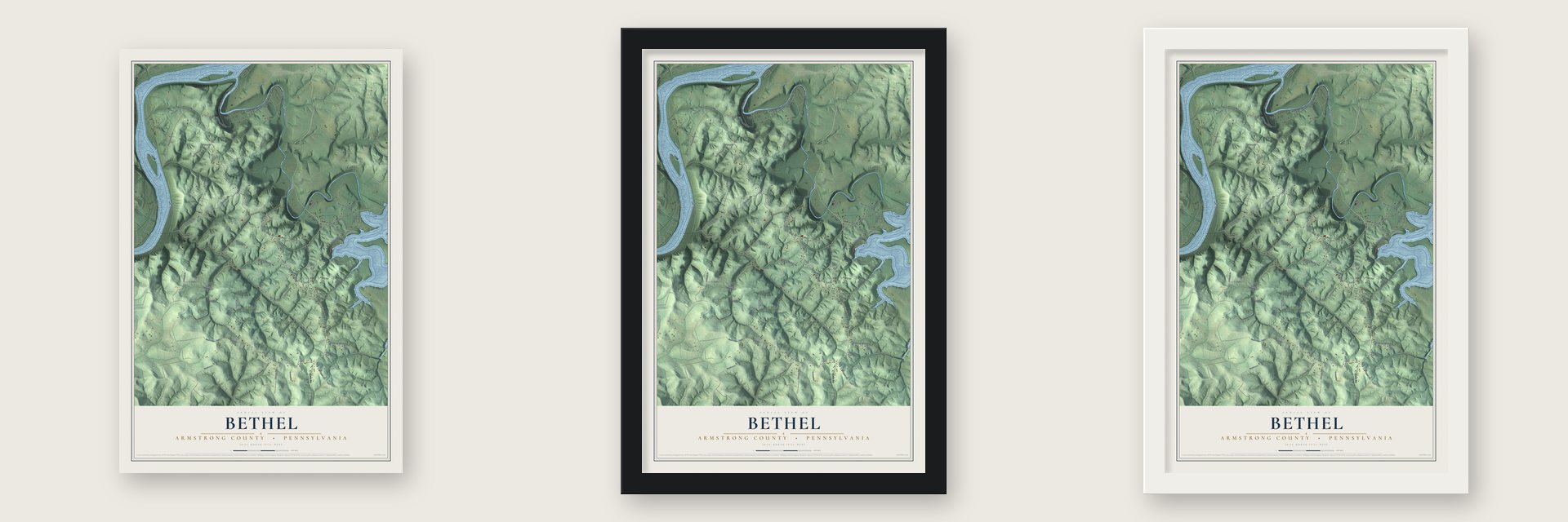 Bethel, Armstrong County, Pennsylvania map unframed, in a black wood frame and in a white wood frame