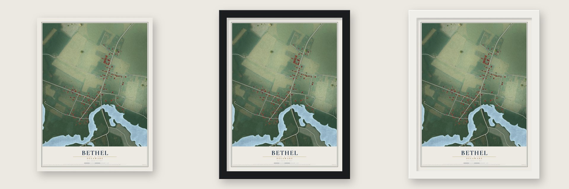 Bethel, Delaware map unframed, in a black wood frame and in a white wood frame