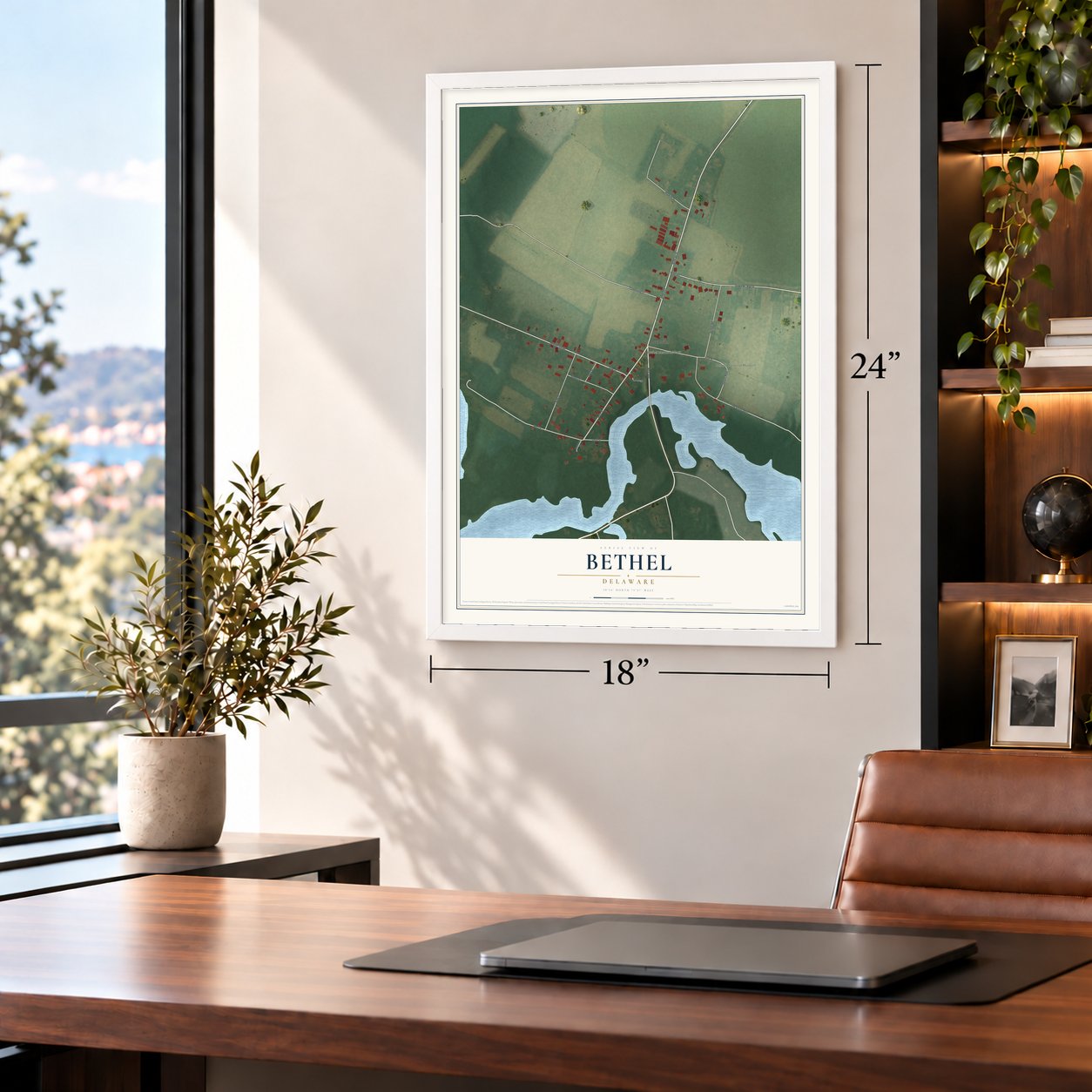 Bethel, Delaware map, 18 x 24 inch print in a white frame in a home office