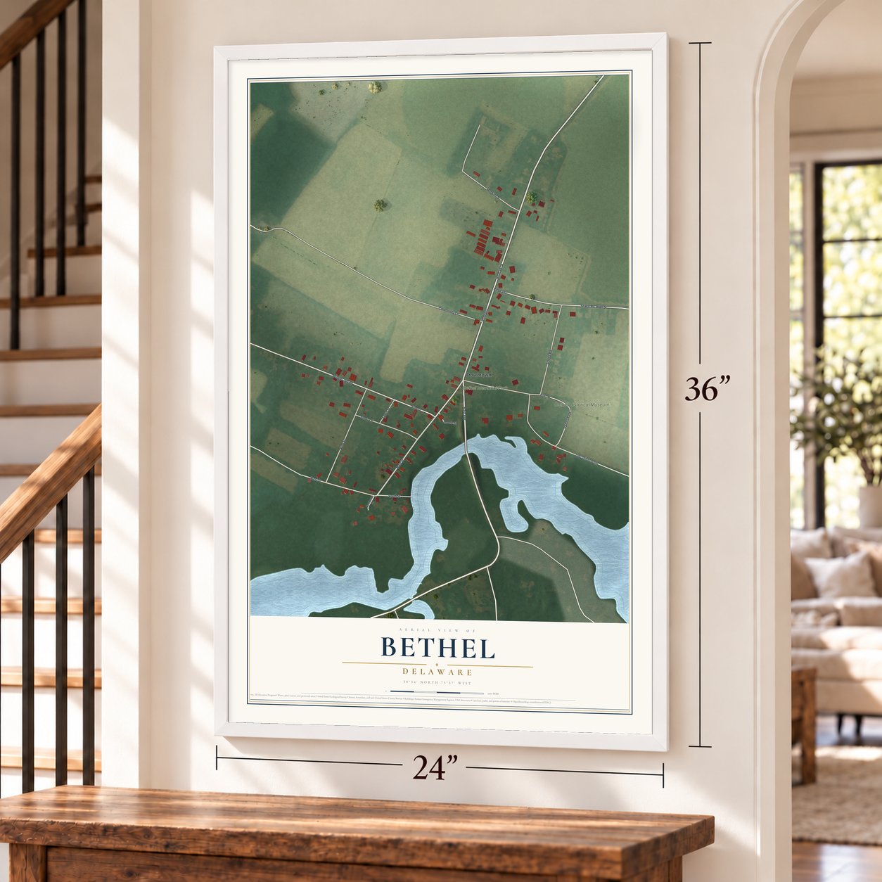 Bethel, Delaware map, 24 x 36 inch print in a white frame by a staircase