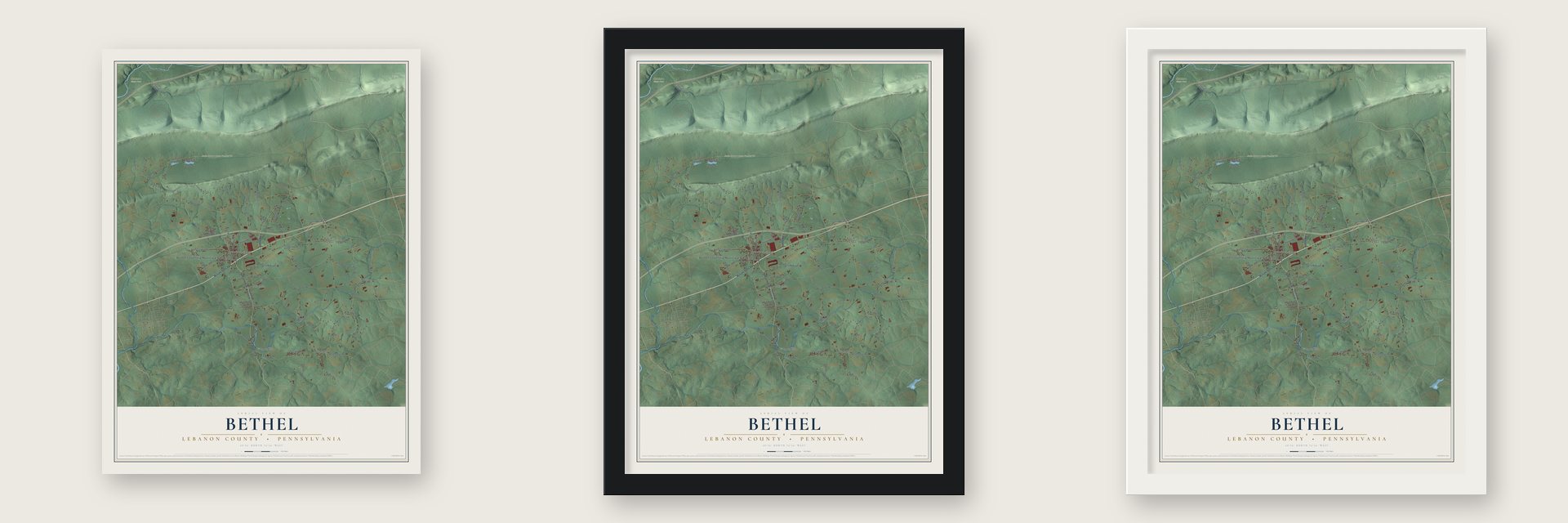 Bethel, Lebanon County, Pennsylvania map unframed, in a black wood frame and in a white wood frame