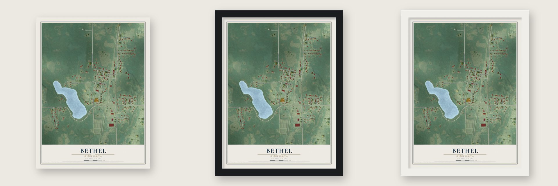 Bethel, Minnesota map unframed, in a black wood frame and in a white wood frame