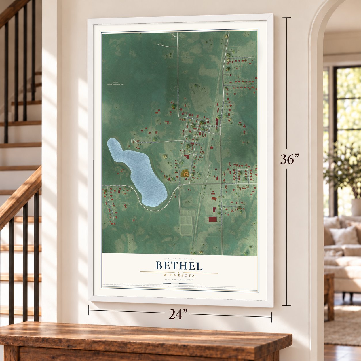 Bethel, Minnesota map, 24 x 36 inch print in a white frame by a staircase