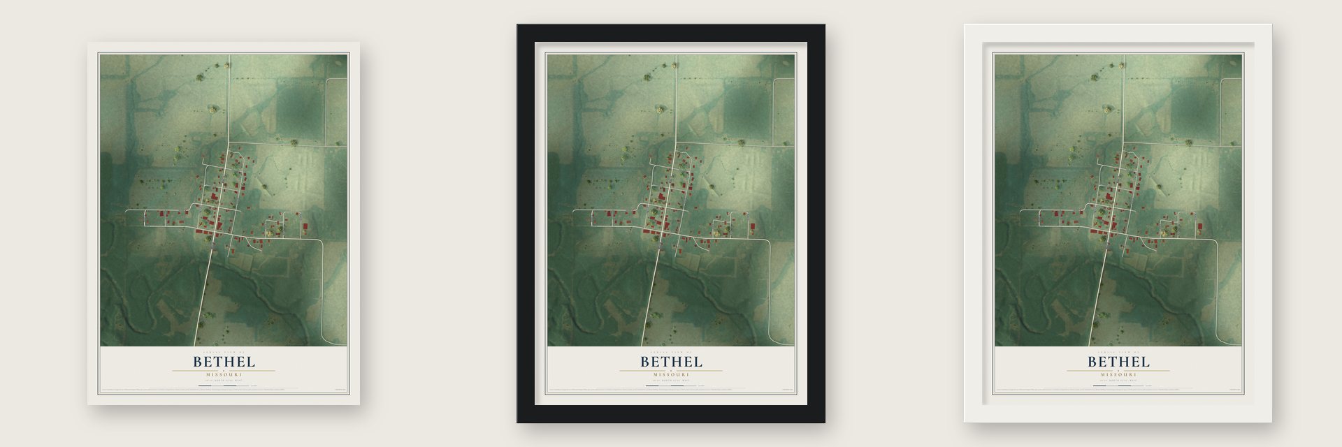 Bethel, Missouri map unframed, in a black wood frame and in a white wood frame