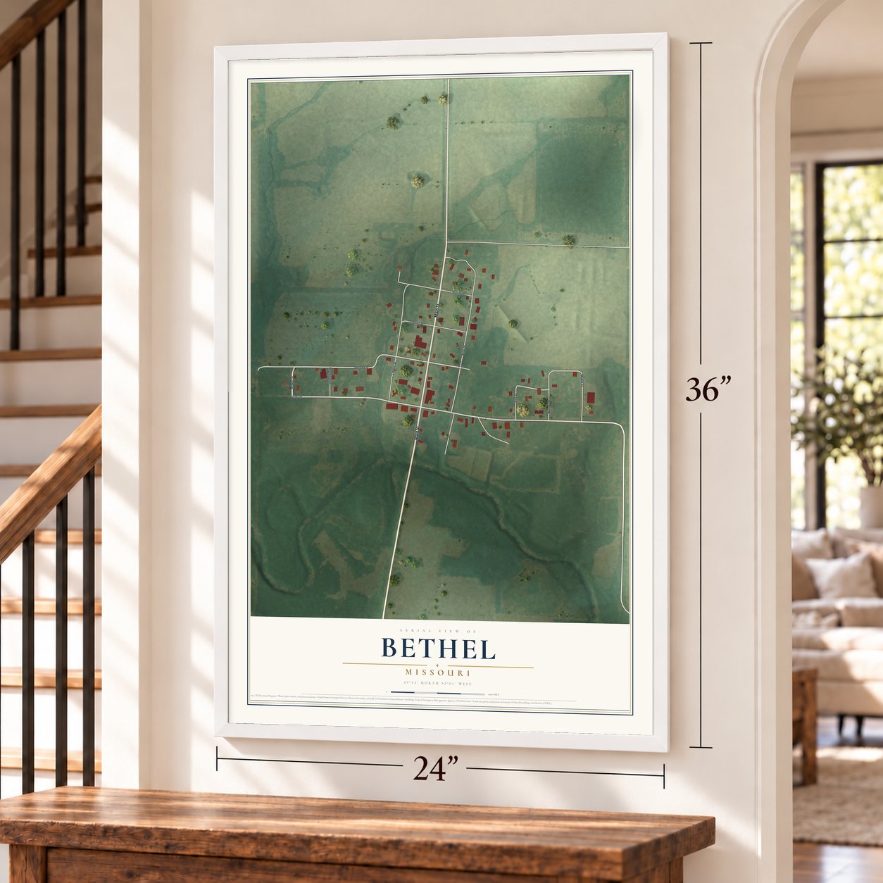 Bethel, Missouri map, 24 x 36 inch print in a white frame by a staircase