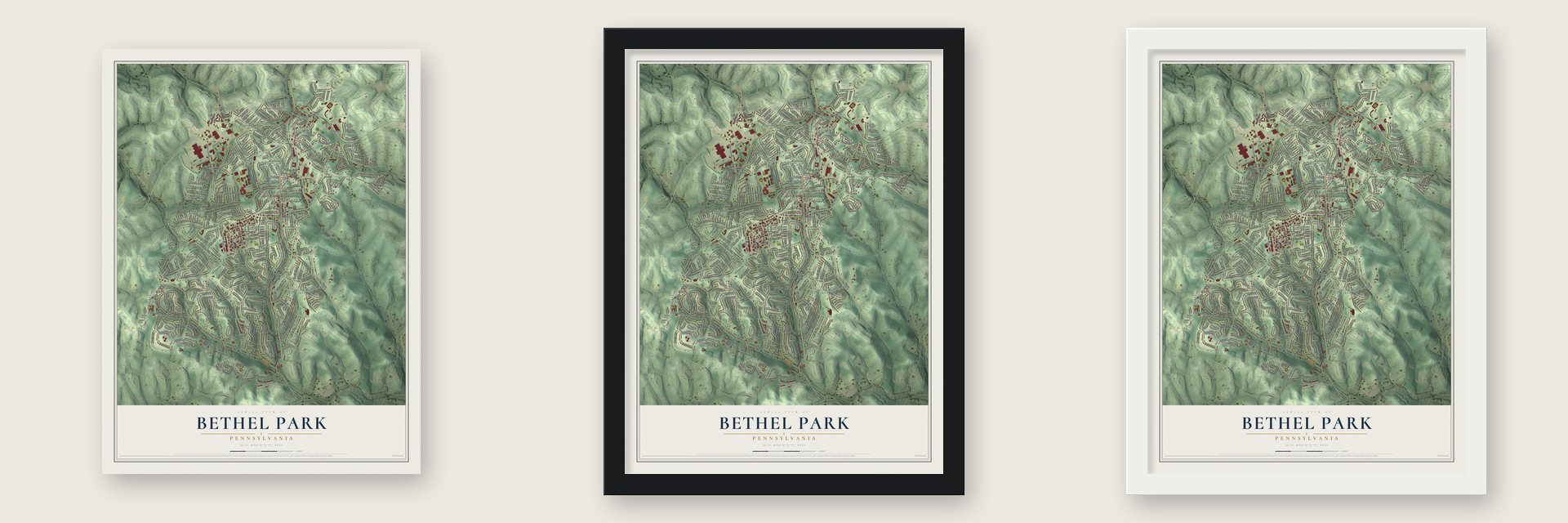 Bethel Park, Pennsylvania map unframed, in a black wood frame and in a white wood frame