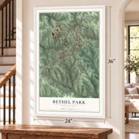 Bethel Park, Pennsylvania map, 24 x 36 inch print in a white frame by a staircase