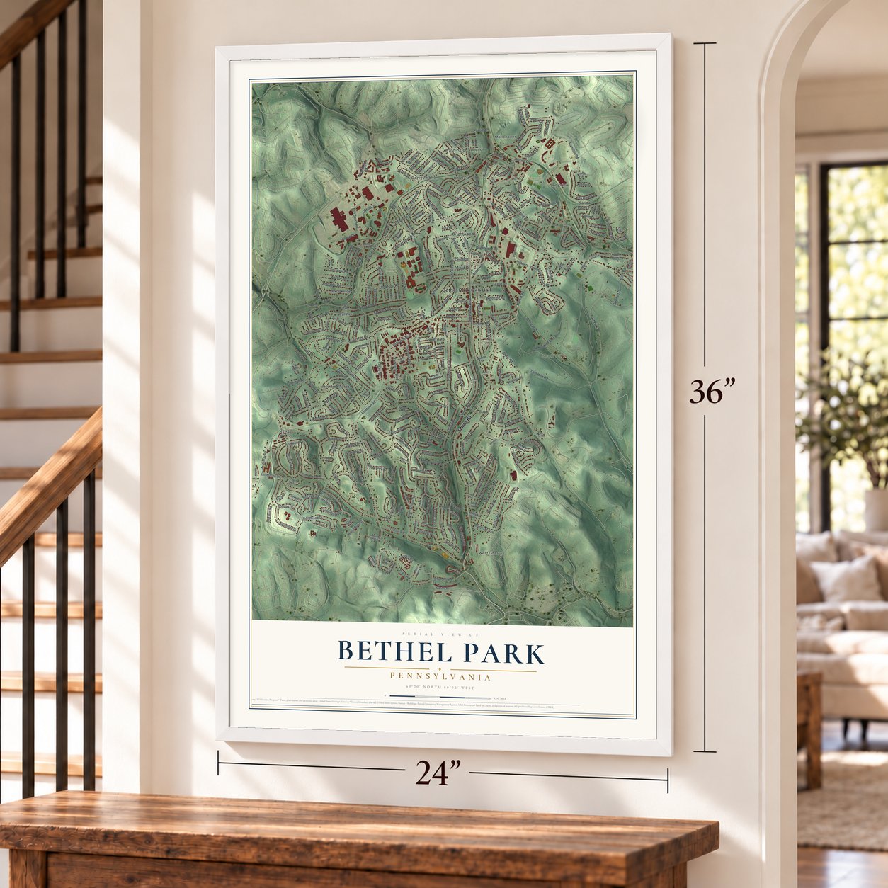 Bethel Park, Pennsylvania map, 24 x 36 inch print in a white frame by a staircase