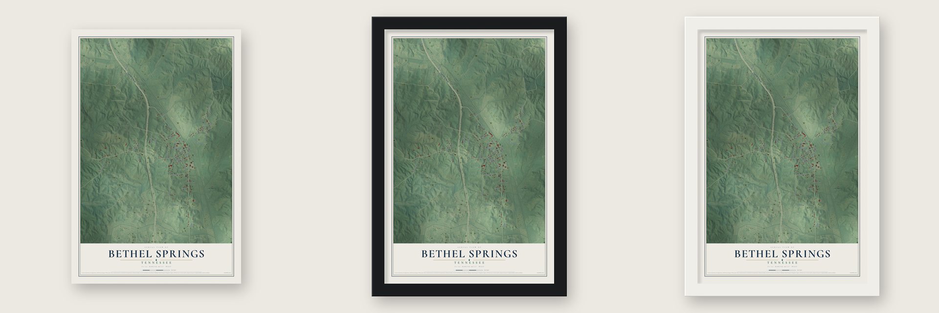 Bethel Springs, Tennessee map unframed, in a black wood frame and in a white wood frame