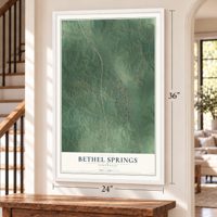 Bethel Springs, Tennessee map, 24 x 36 inch print in a white frame by a staircase