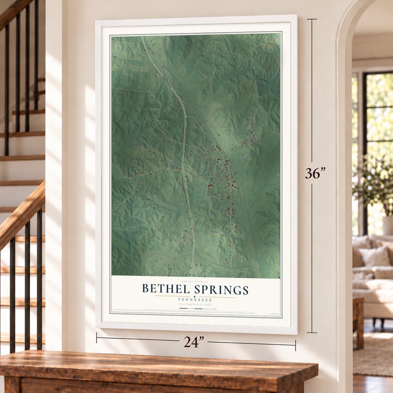 Bethel Springs, Tennessee map, 24 x 36 inch print in a white frame by a staircase