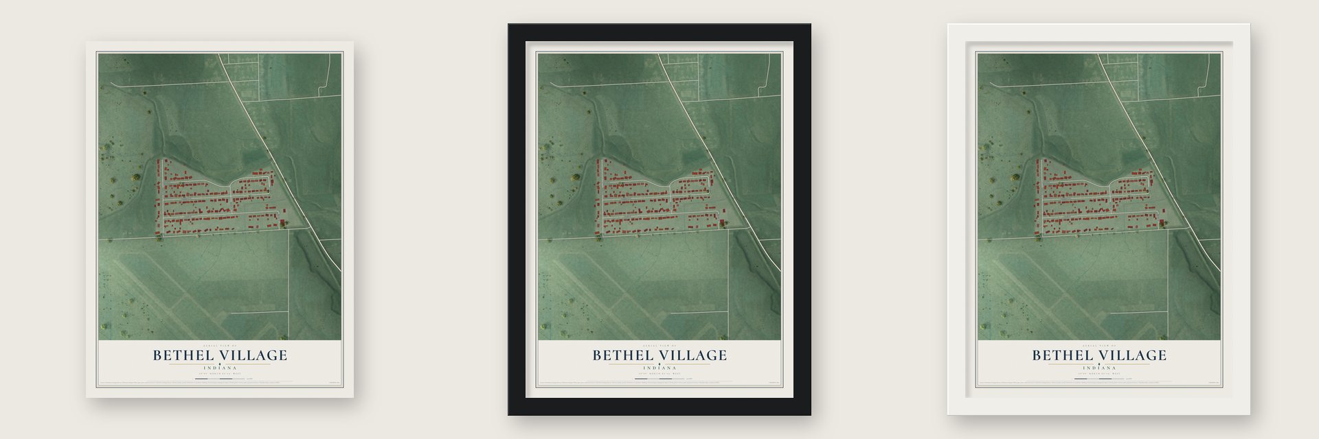 Bethel Village, Indiana map unframed, in a black wood frame and in a white wood frame