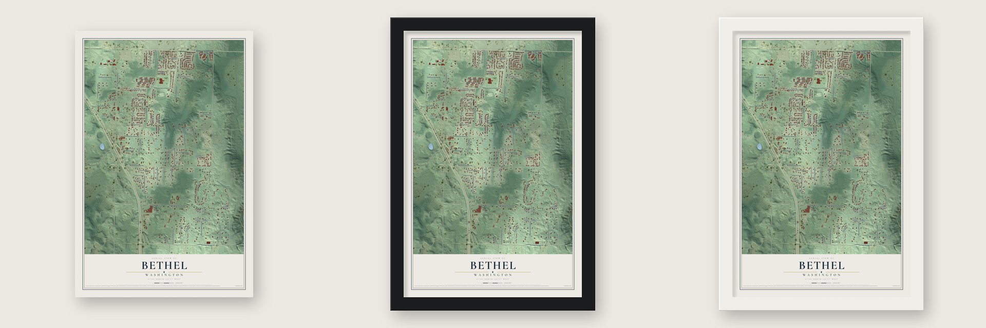 Bethel, Washington map unframed, in a black wood frame and in a white wood frame