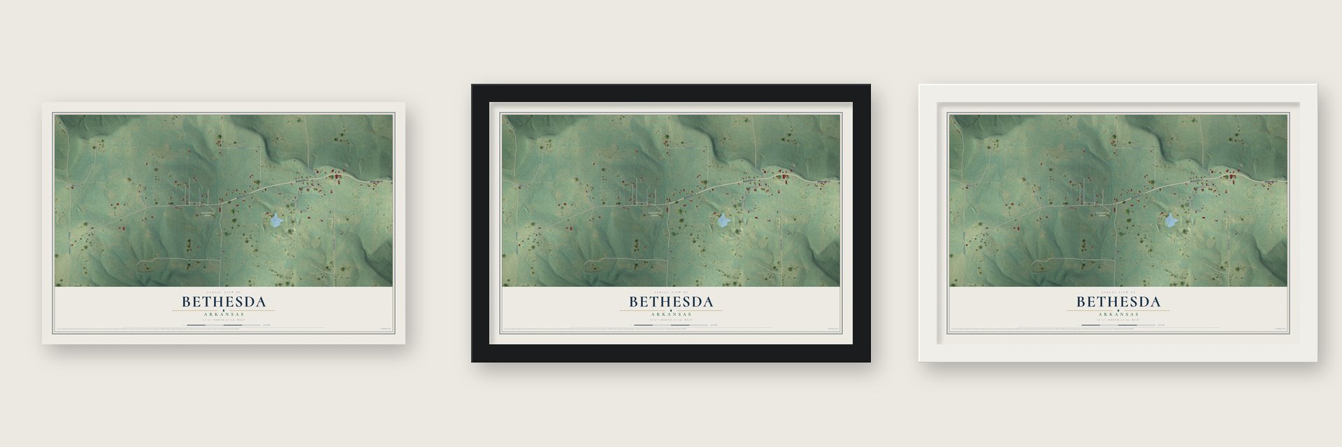 Bethesda, Arkansas map unframed, in a black wood frame and in a white wood frame