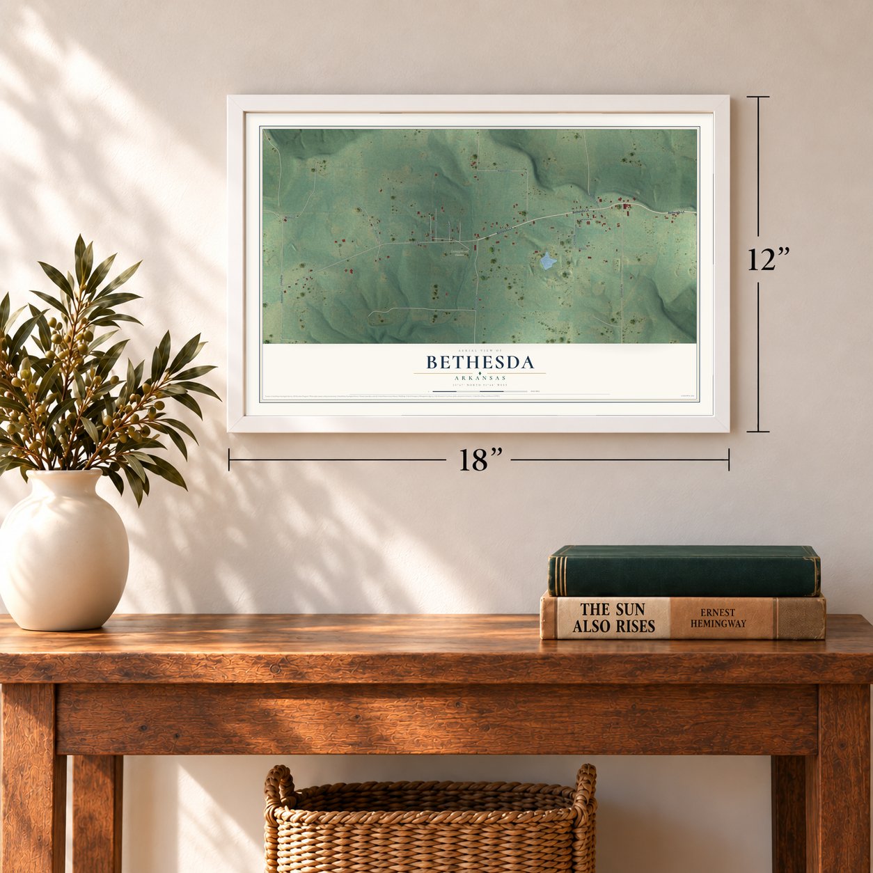 Bethesda, Arkansas map, 12 x 18 inch print in a white frame in an entryway