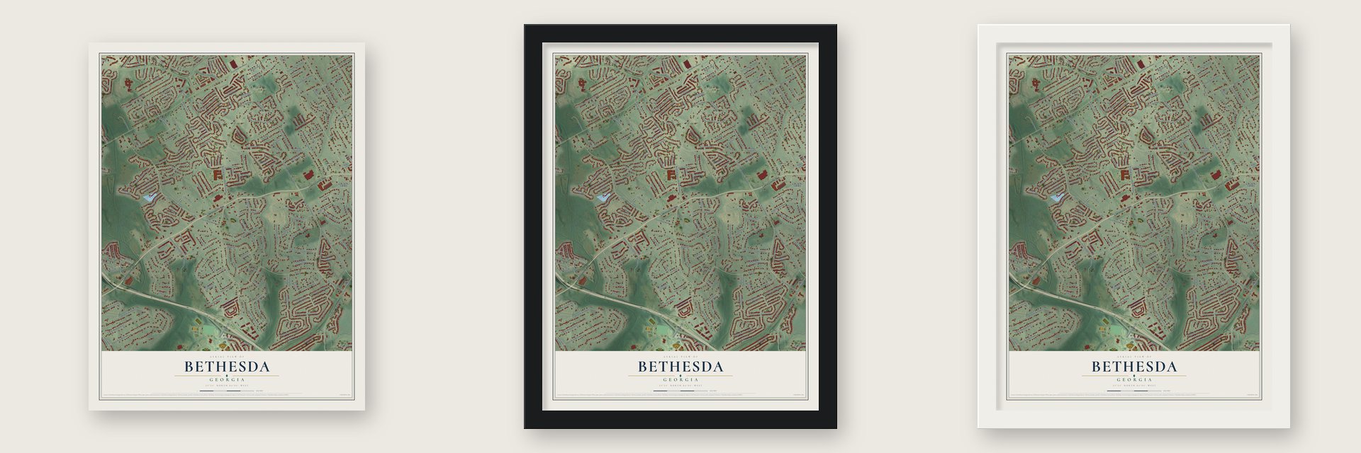 Bethesda, Georgia map unframed, in a black wood frame and in a white wood frame