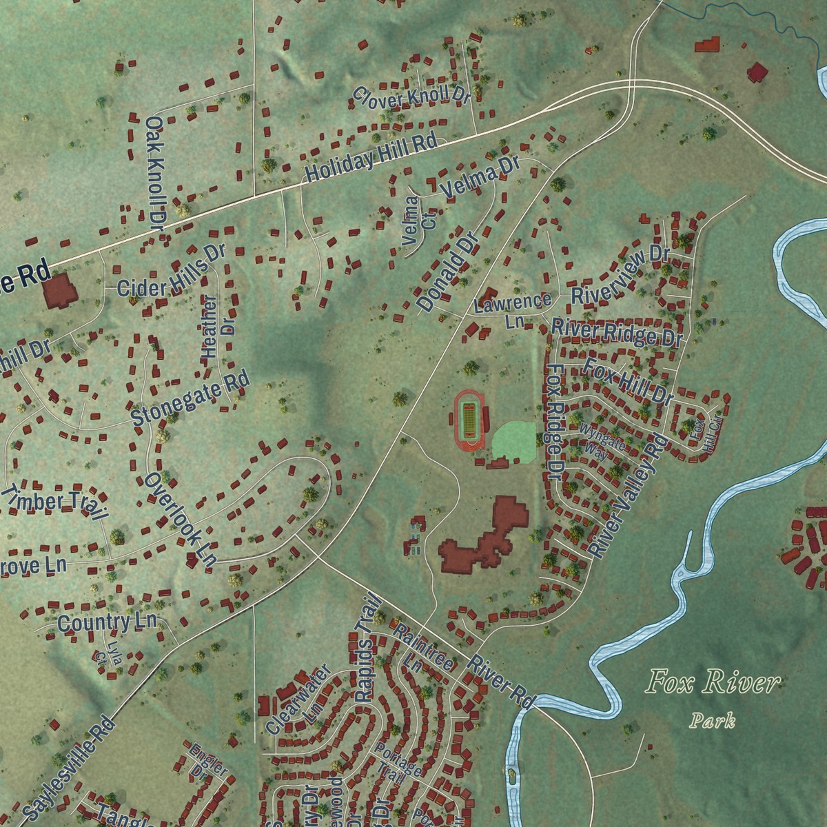 Second close-up of the map of Bethesda, Wisconsin print showing more streets and buildings