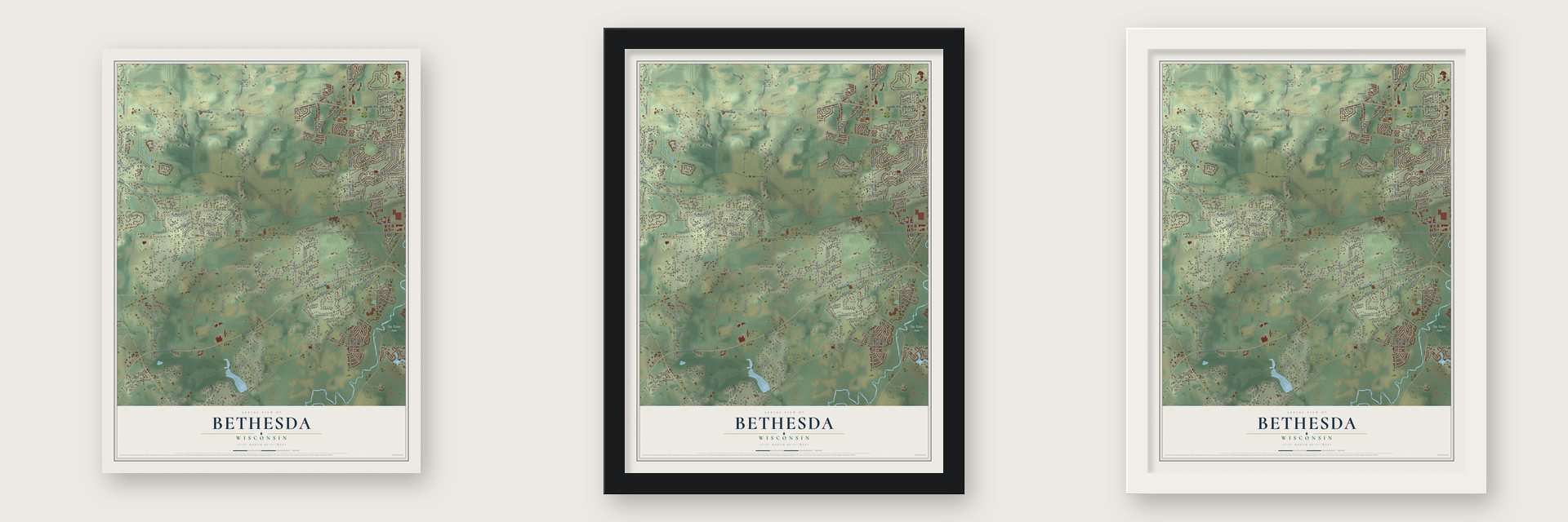 Bethesda, Wisconsin map unframed, in a black wood frame and in a white wood frame