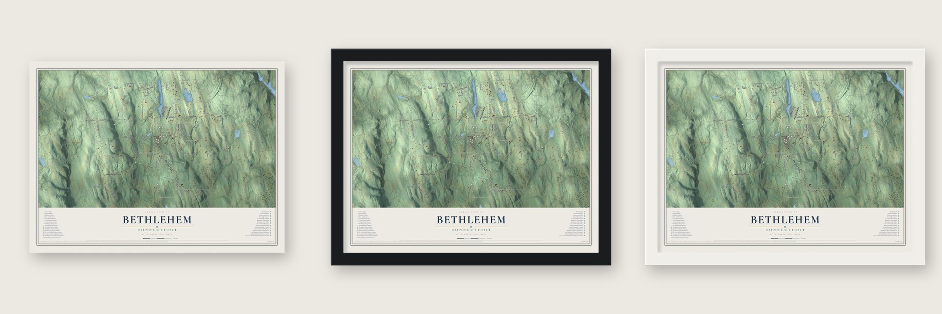 Bethlehem, Connecticut map unframed, in a black wood frame and in a white wood frame