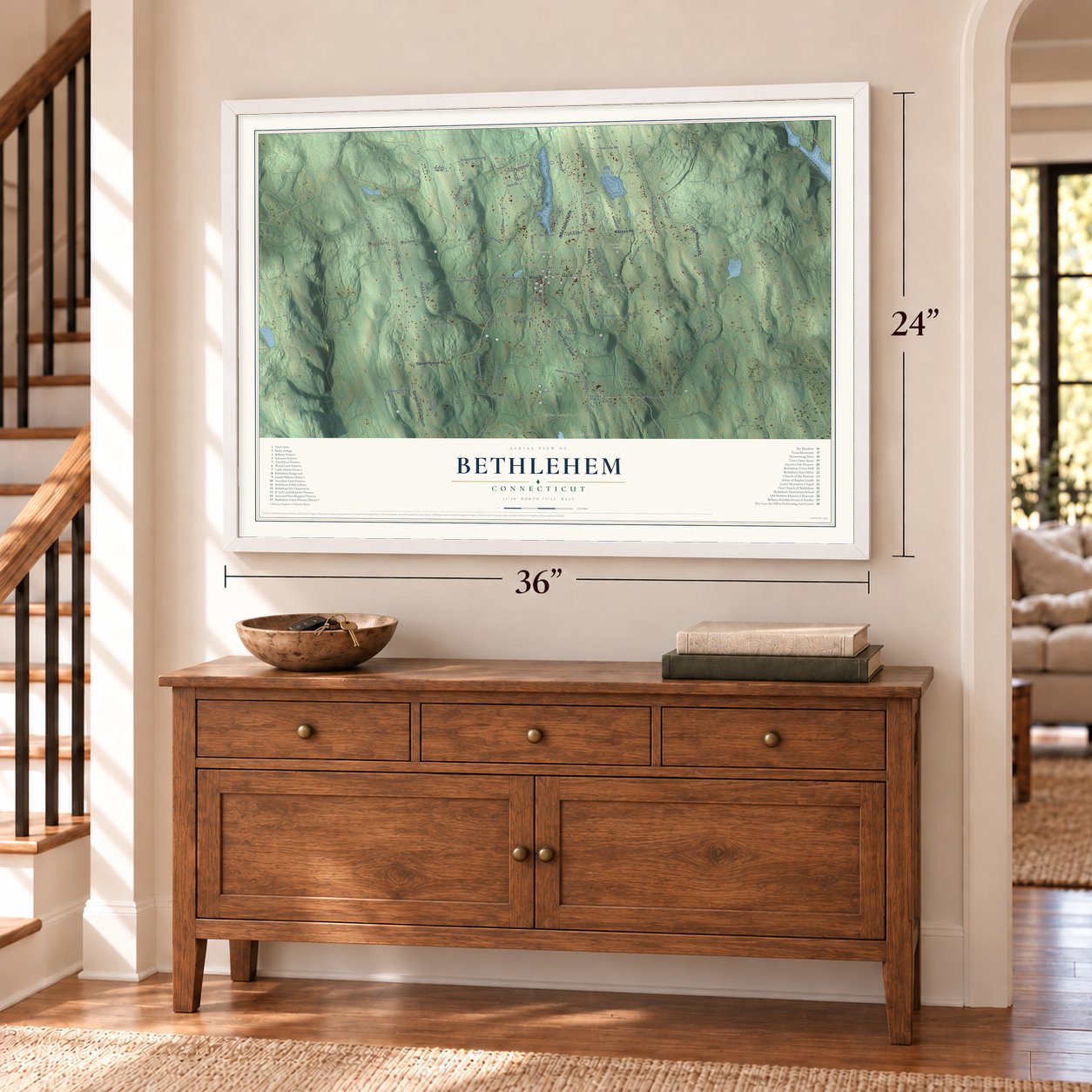 Bethlehem, Connecticut map, 24 x 36 inch print in a white frame above a dresser by a staircase