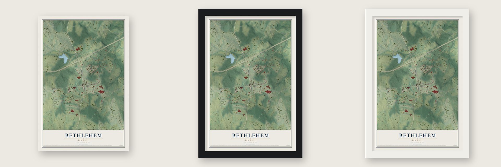 Bethlehem, Georgia map unframed, in a black wood frame and in a white wood frame