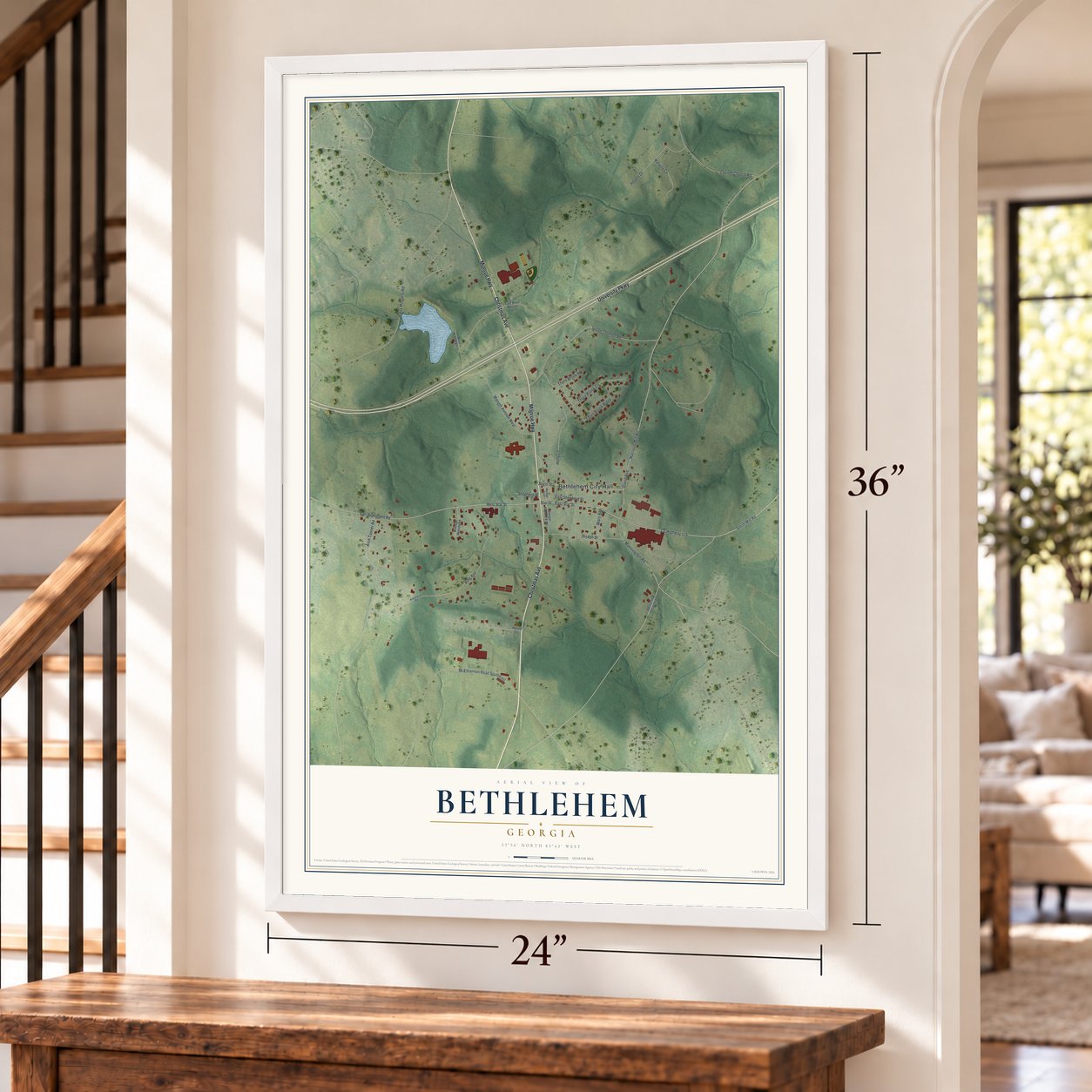 Bethlehem, Georgia map, 24 x 36 inch print in a white frame by a staircase