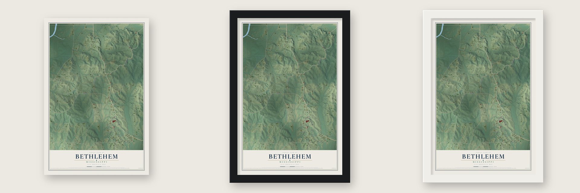 Bethlehem, Mississippi map unframed, in a black wood frame and in a white wood frame