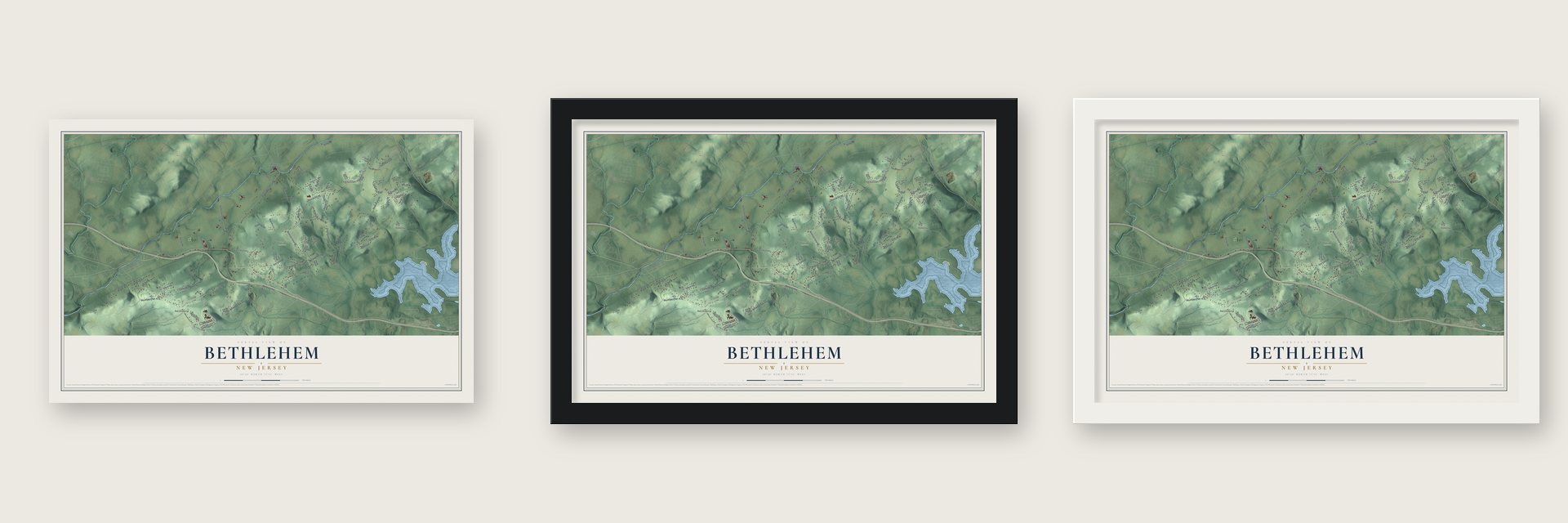 Bethlehem, New Jersey map unframed, in a black wood frame and in a white wood frame