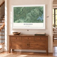 Bethlehem, New Jersey map, 24 x 36 inch print in a white frame above a dresser by a staircase