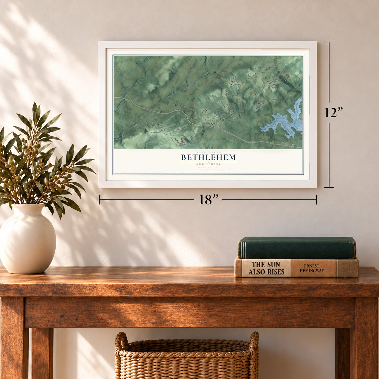 Bethlehem, New Jersey map, 12 x 18 inch print in a white frame in an entryway