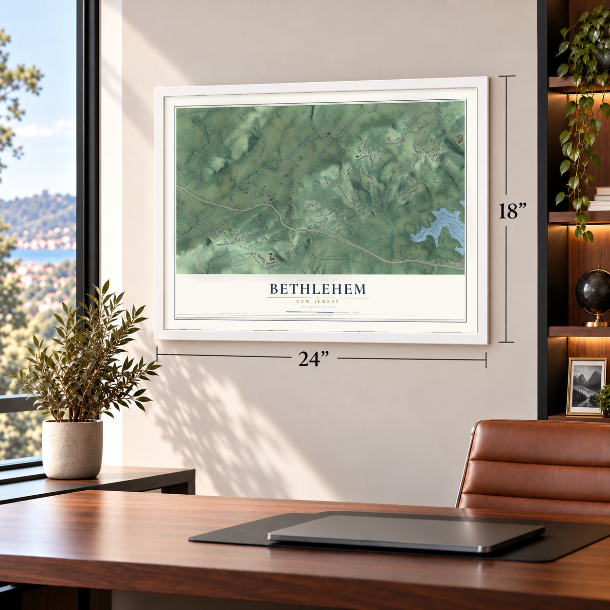 Bethlehem, New Jersey map, 18 x 24 inch print in a white frame in a home office