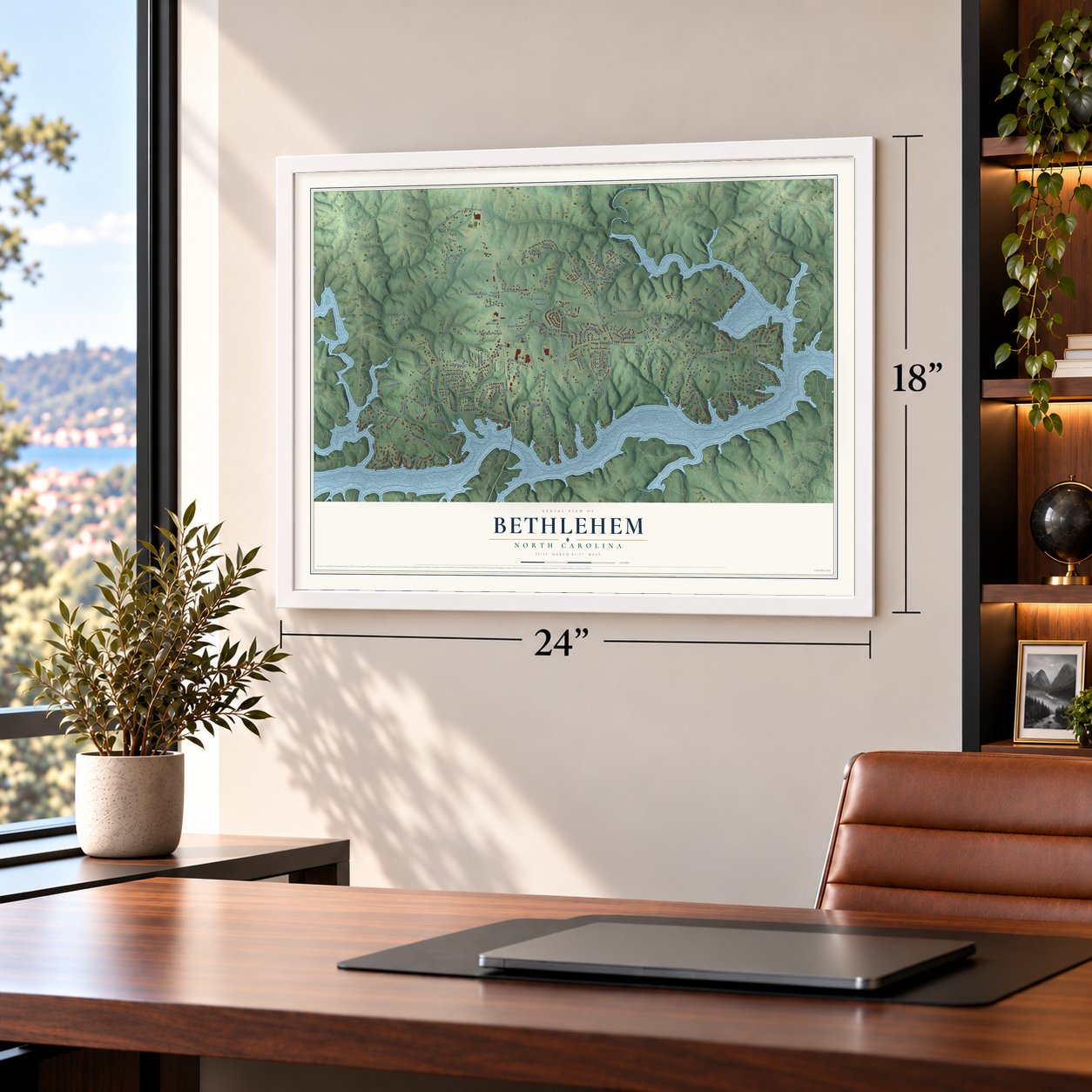 Bethlehem, North Carolina map, 18 x 24 inch print in a white frame in a home office