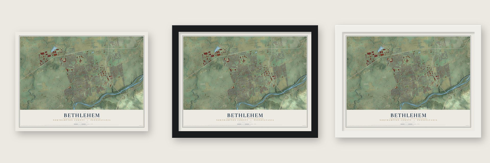 Bethlehem, Northampton County, Pennsylvania map unframed, in a black wood frame and in a white wood frame