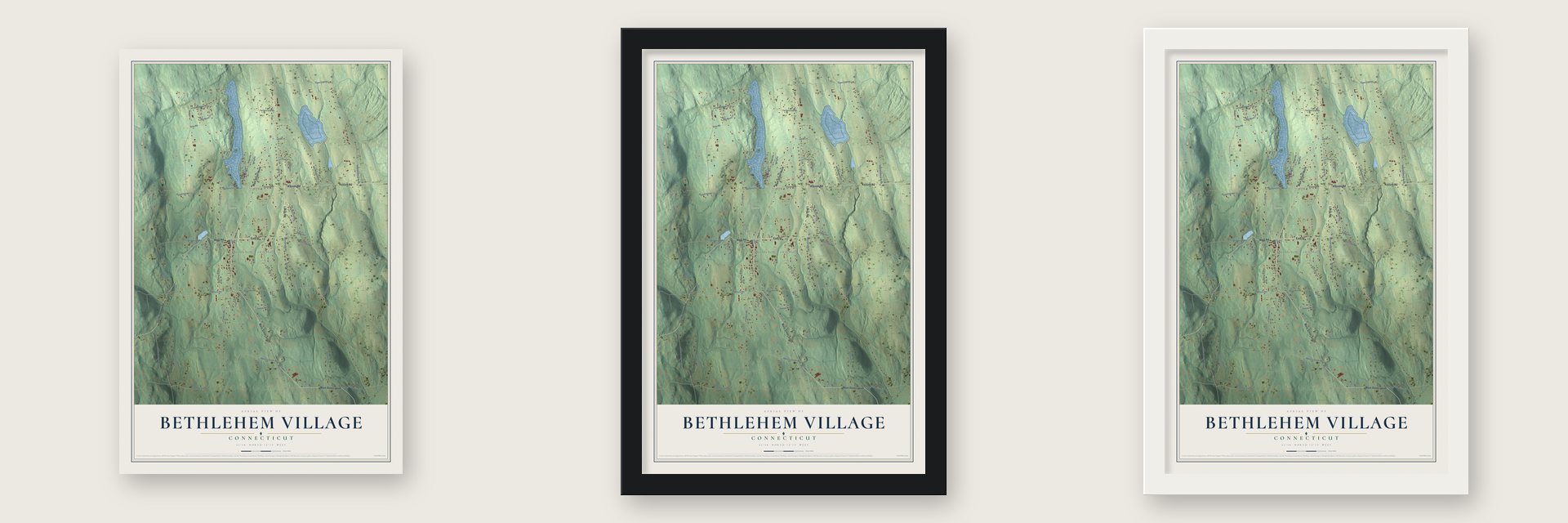 Bethlehem Village, Connecticut map unframed, in a black wood frame and in a white wood frame