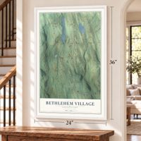 Bethlehem Village, Connecticut map, 24 x 36 inch print in a white frame by a staircase