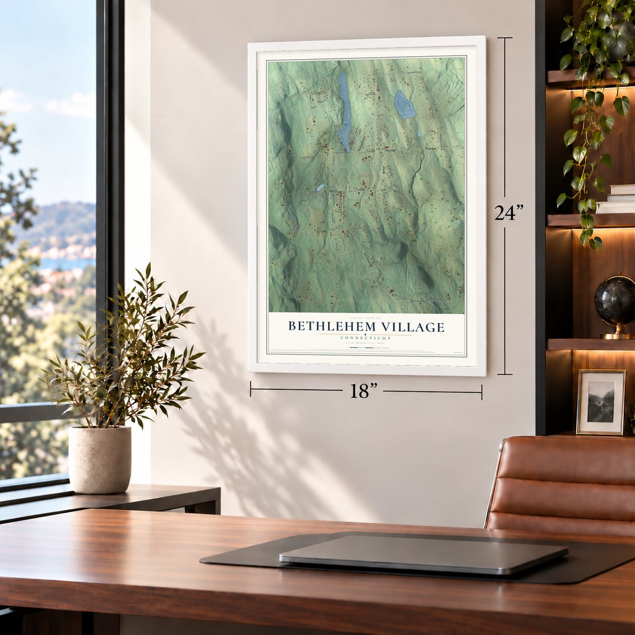 Bethlehem Village, Connecticut map, 18 x 24 inch print in a white frame in a home office
