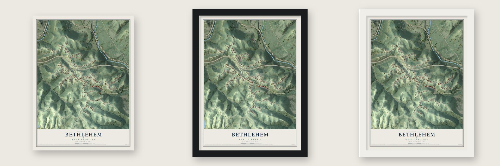 Bethlehem, West Virginia map unframed, in a black wood frame and in a white wood frame