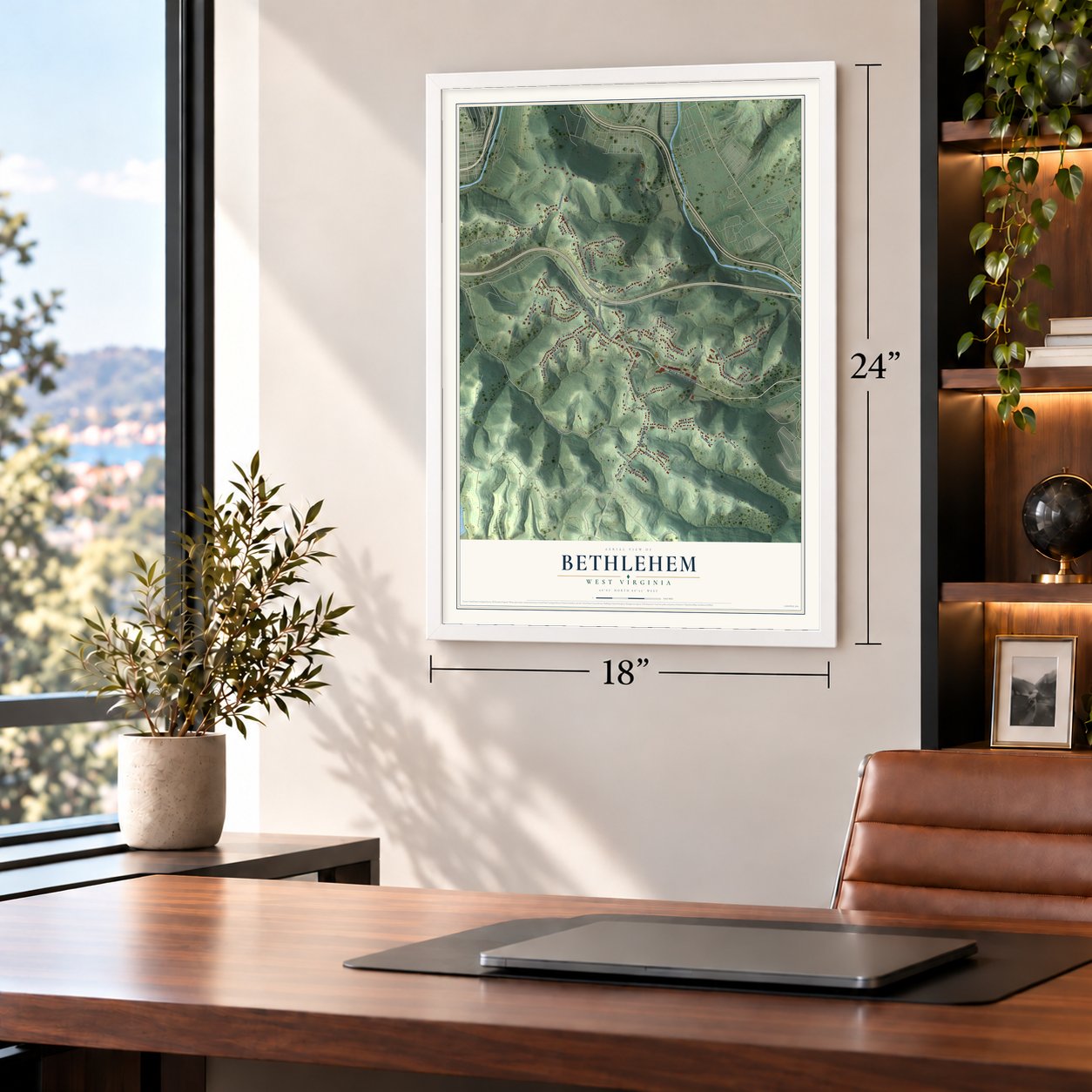 Bethlehem, West Virginia map, 18 x 24 inch print in a white frame in a home office