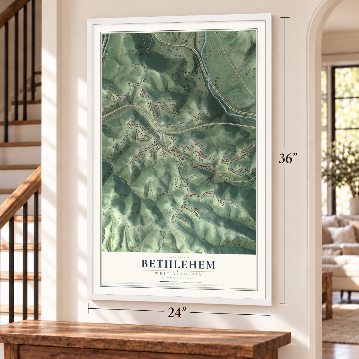 Bethlehem, West Virginia map, 24 x 36 inch print in a white frame by a staircase