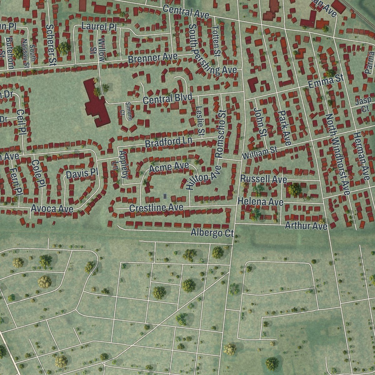 Second close-up of the map of Bethpage, New York print showing more streets and buildings