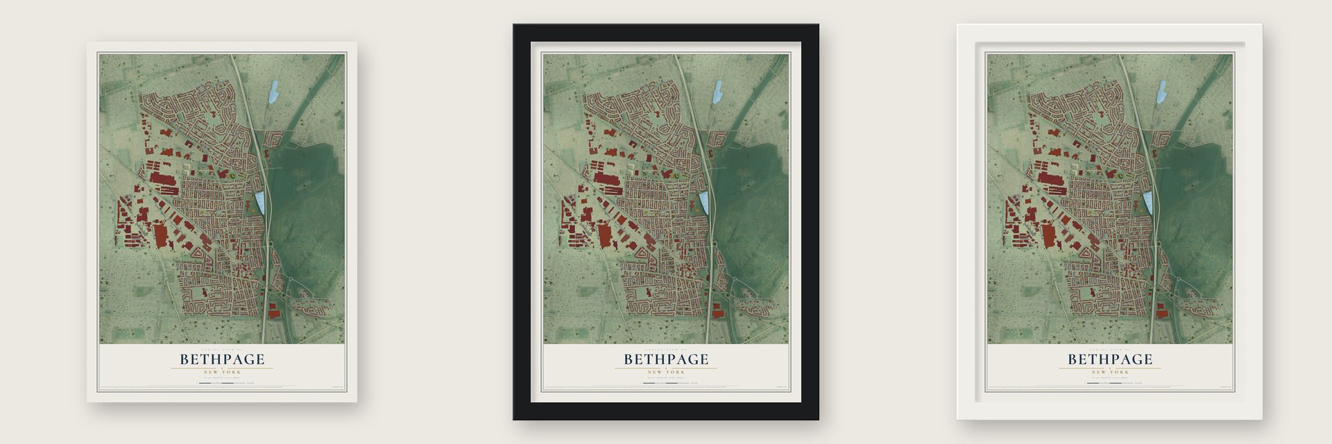 Bethpage, New York map unframed, in a black wood frame and in a white wood frame