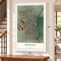 Bethpage, New York map, 24 x 36 inch print in a white frame by a staircase