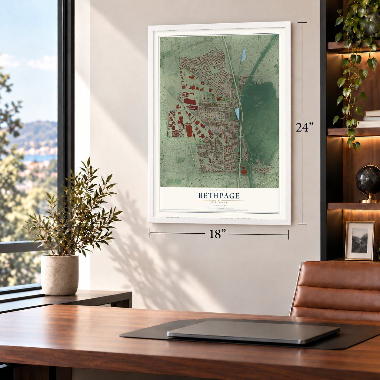 Bethpage, New York map, 18 x 24 inch print in a white frame in a home office
