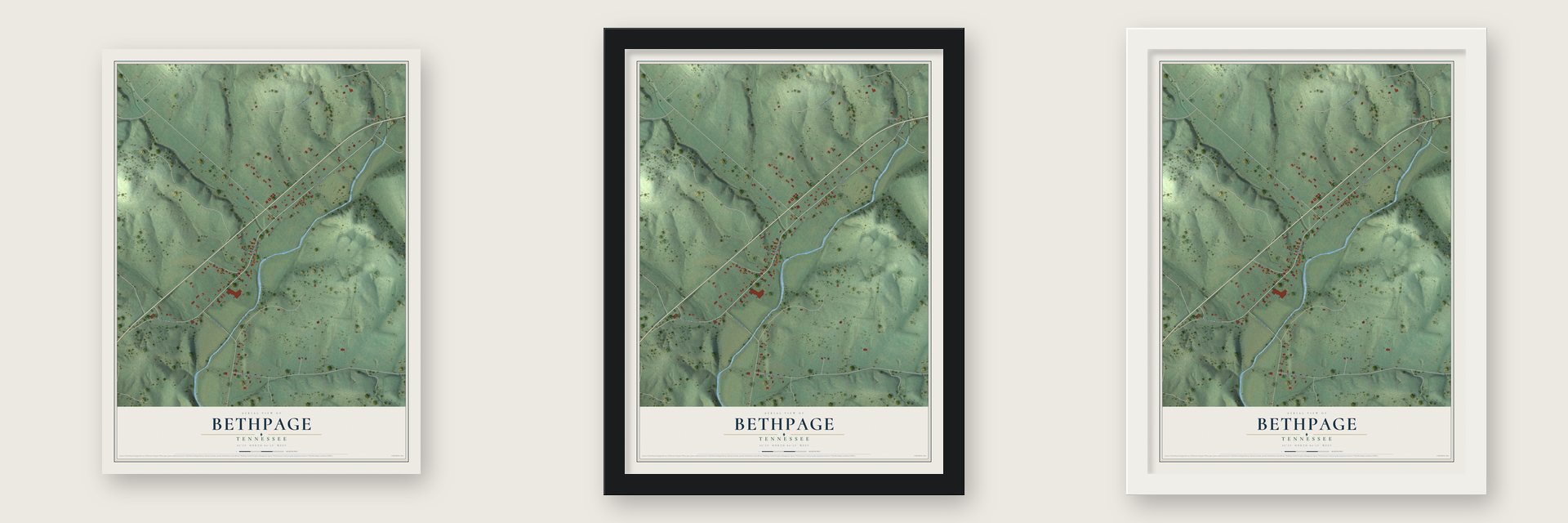 Bethpage, Tennessee map unframed, in a black wood frame and in a white wood frame