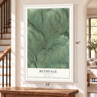 Bethpage, Tennessee map, 24 x 36 inch print in a white frame by a staircase