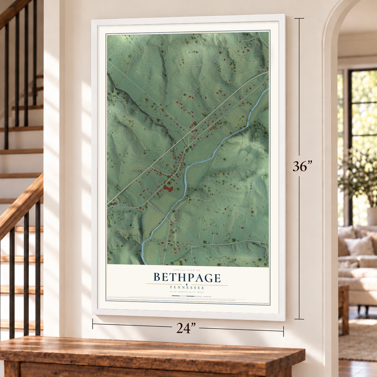 Bethpage, Tennessee map, 24 x 36 inch print in a white frame by a staircase