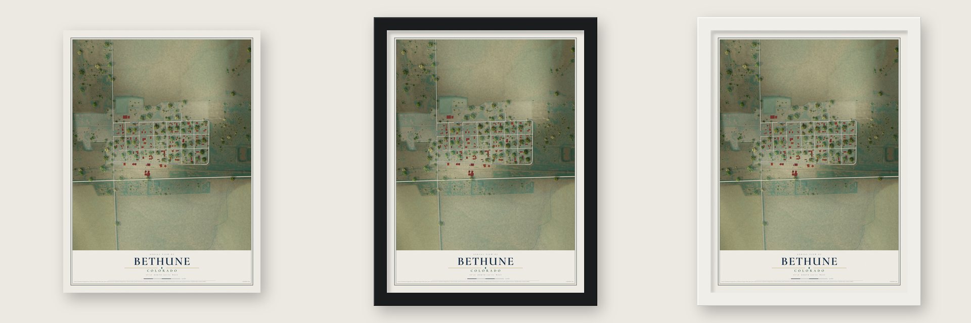 Bethune, Colorado map unframed, in a black wood frame and in a white wood frame